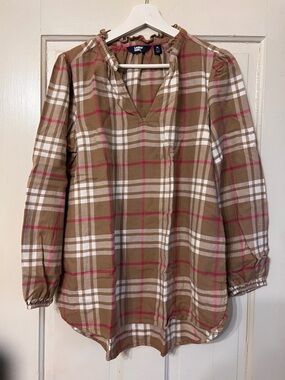Lands' End Tan Plaid V-Neck Long Sleeve Tunic with Pink & White Accents